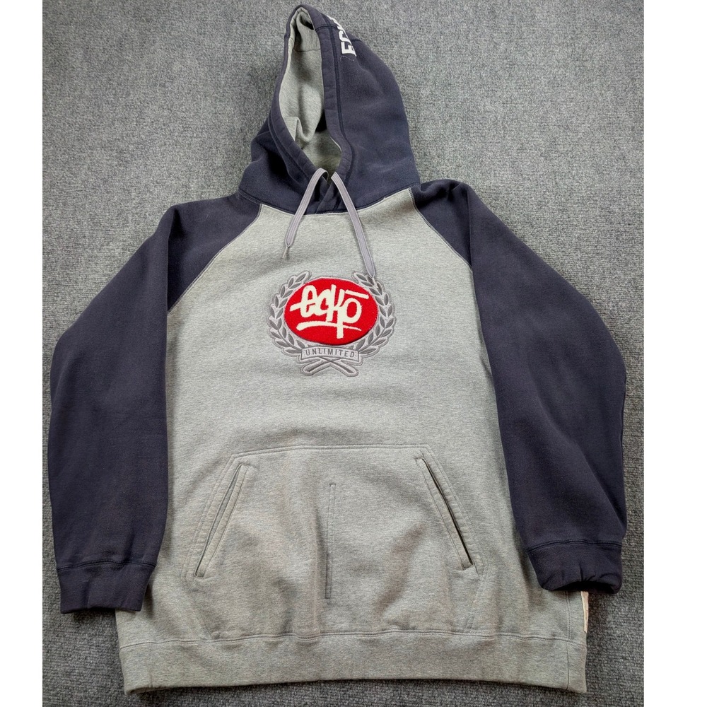 Ecko Unltd Vintage Hoodie SZ XL Grey Navy Chenille Patch Raglan Y2K Streetwear